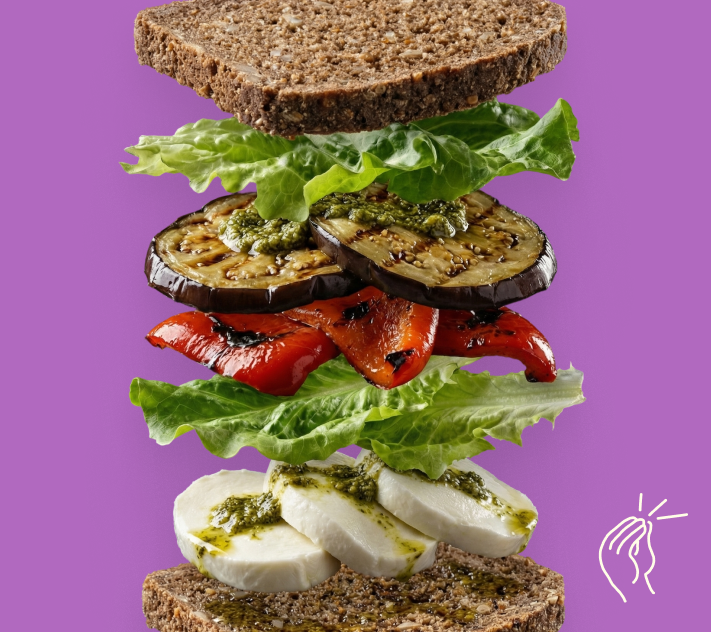 Exploded Tonus sandwich with mozzarella, lettuce, roasted peppers and aubergine